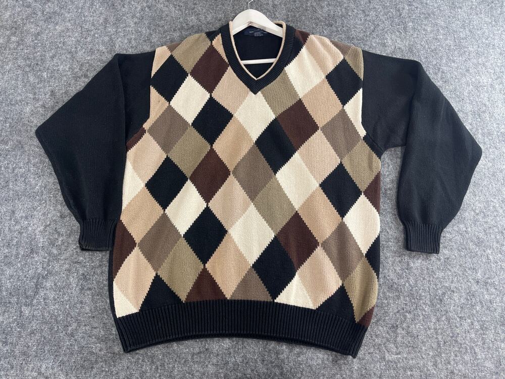 Cotton Traders Sweater Mens Large Black Argyle Pullover Vintage 90s N14